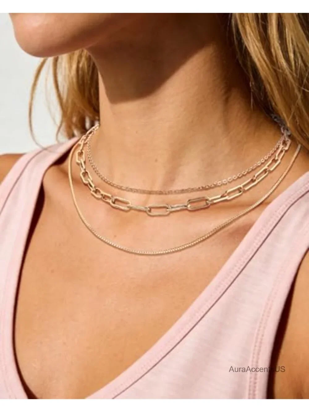 14K Gold Plated Layered Necklace for Women Adjustable Three Layer Choker